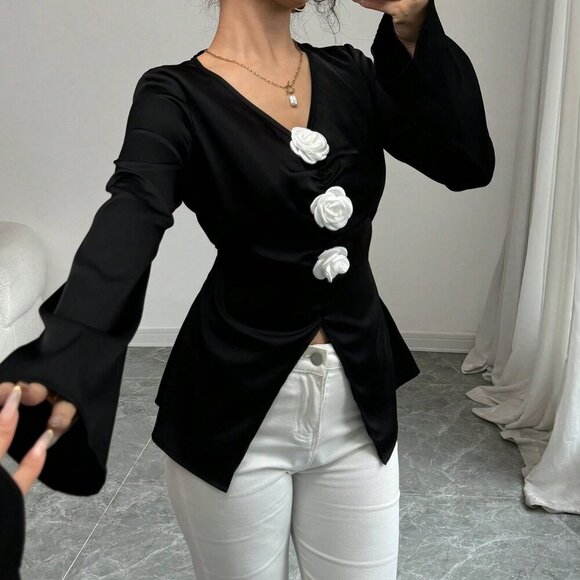 Tops - Black Elegant Women's Flowered V-Neck Flare Sleeve Waisted Long Sleeve Blouse